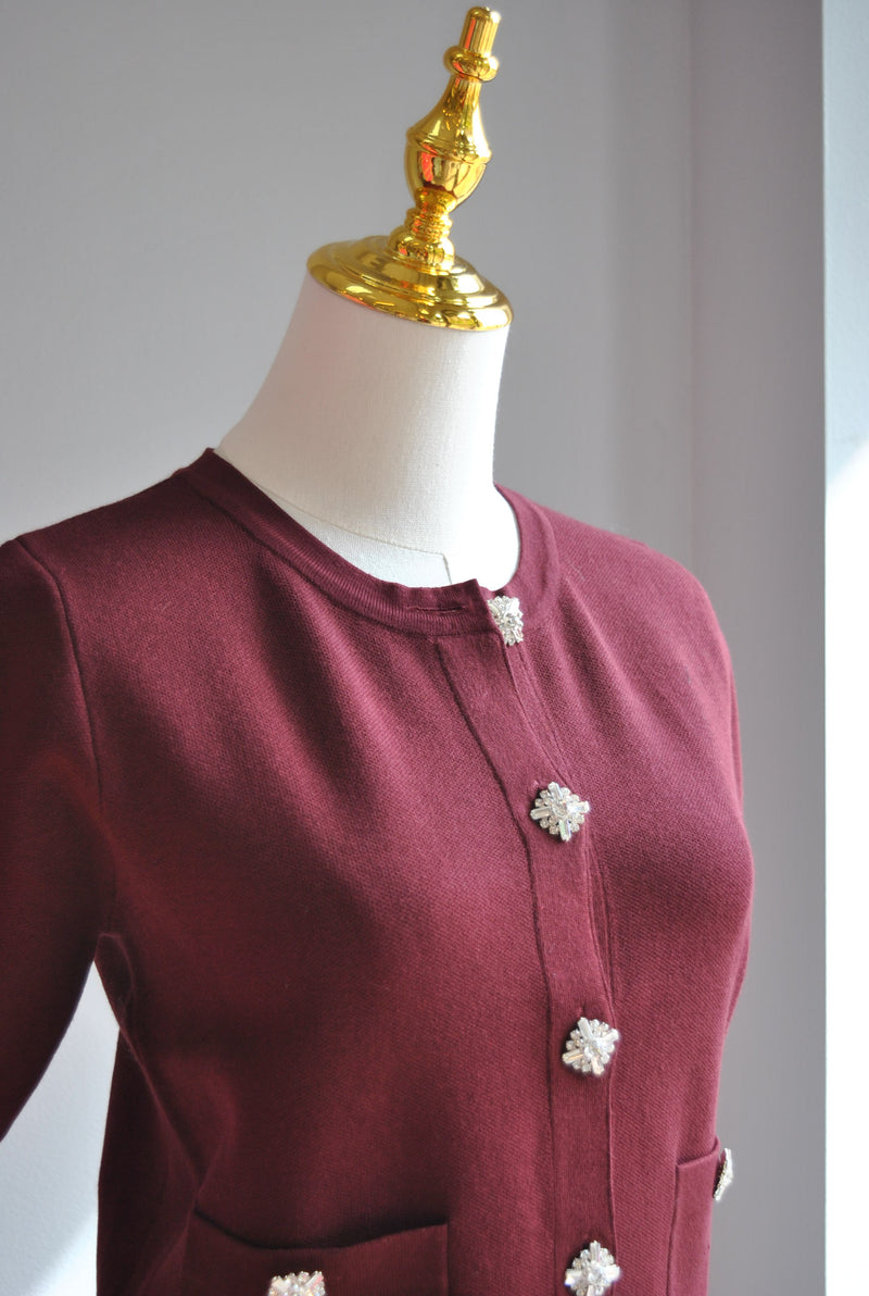 BURGUNDY SWEATR TOP WITH CRYSTAL BUTTONS