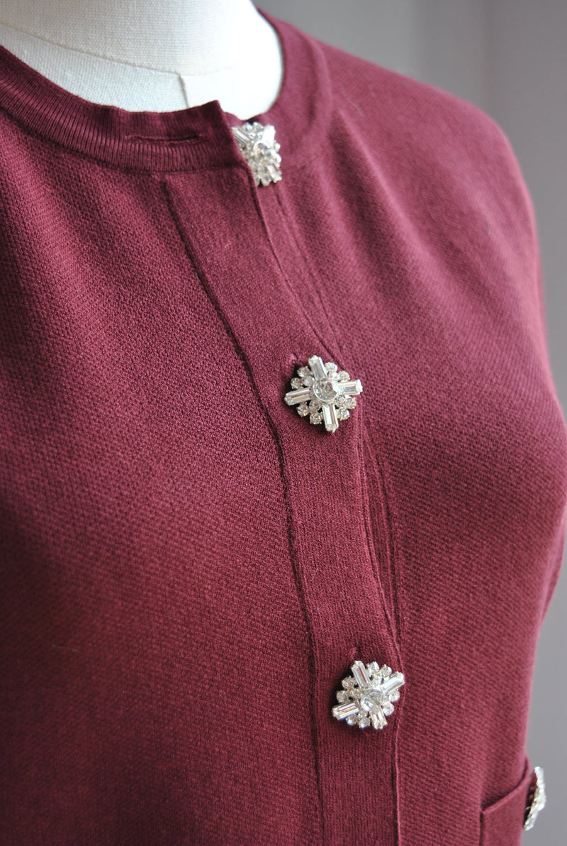 BURGUNDY SWEATR TOP WITH CRYSTAL BUTTONS