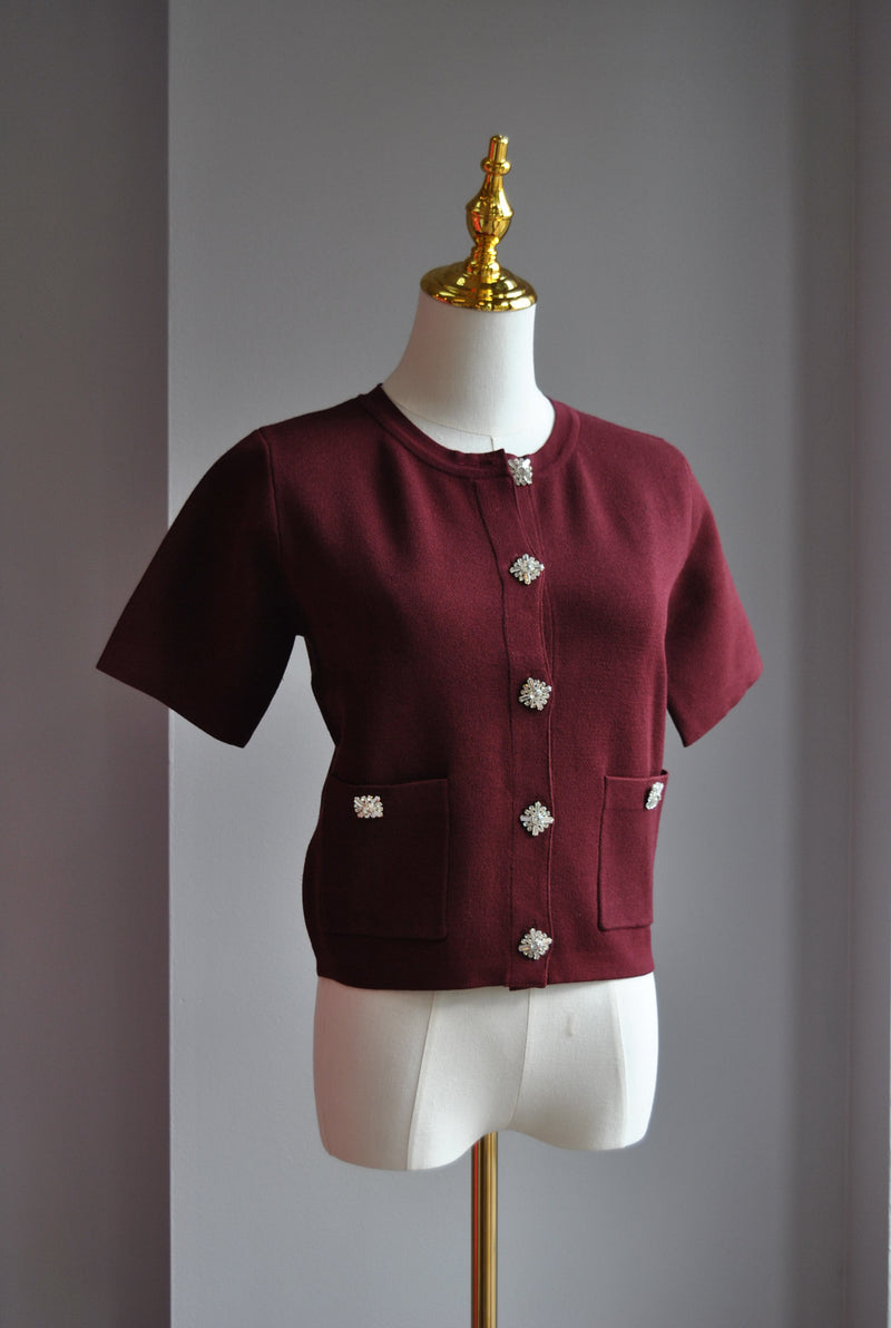 BURGUNDY SWEATR TOP WITH CRYSTAL BUTTONS