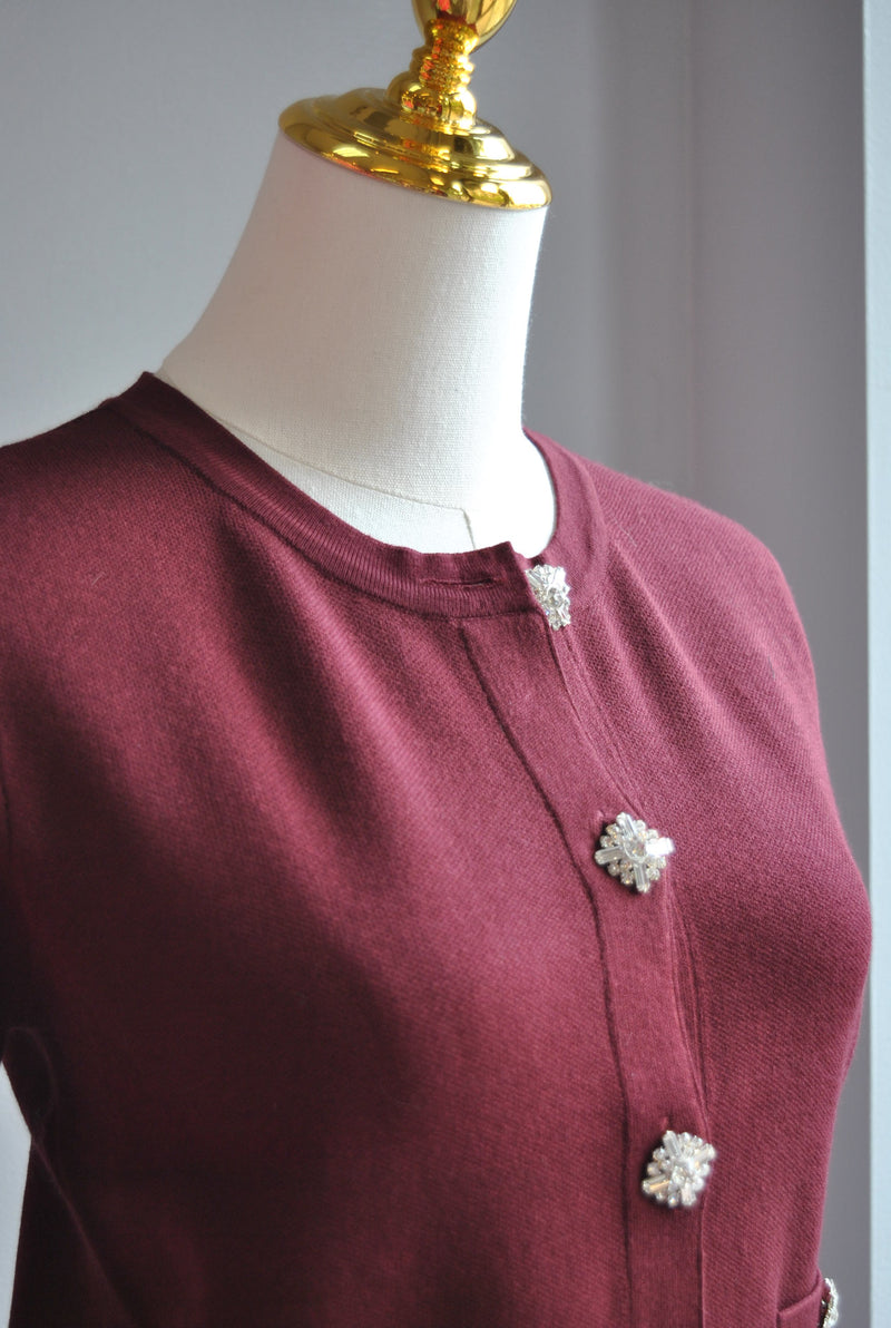 BURGUNDY SWEATR TOP WITH CRYSTAL BUTTONS