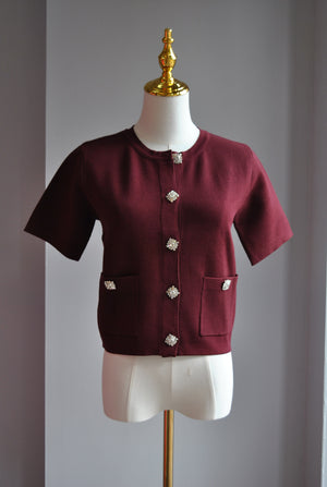BURGUNDY SWEATR TOP WITH CRYSTAL BUTTONS