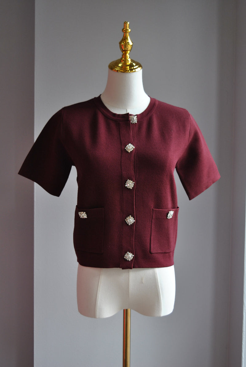 BURGUNDY SWEATR TOP WITH CRYSTAL BUTTONS