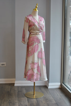 FUCHSIA AND BEIGE MIDI DRESS WITH BELT