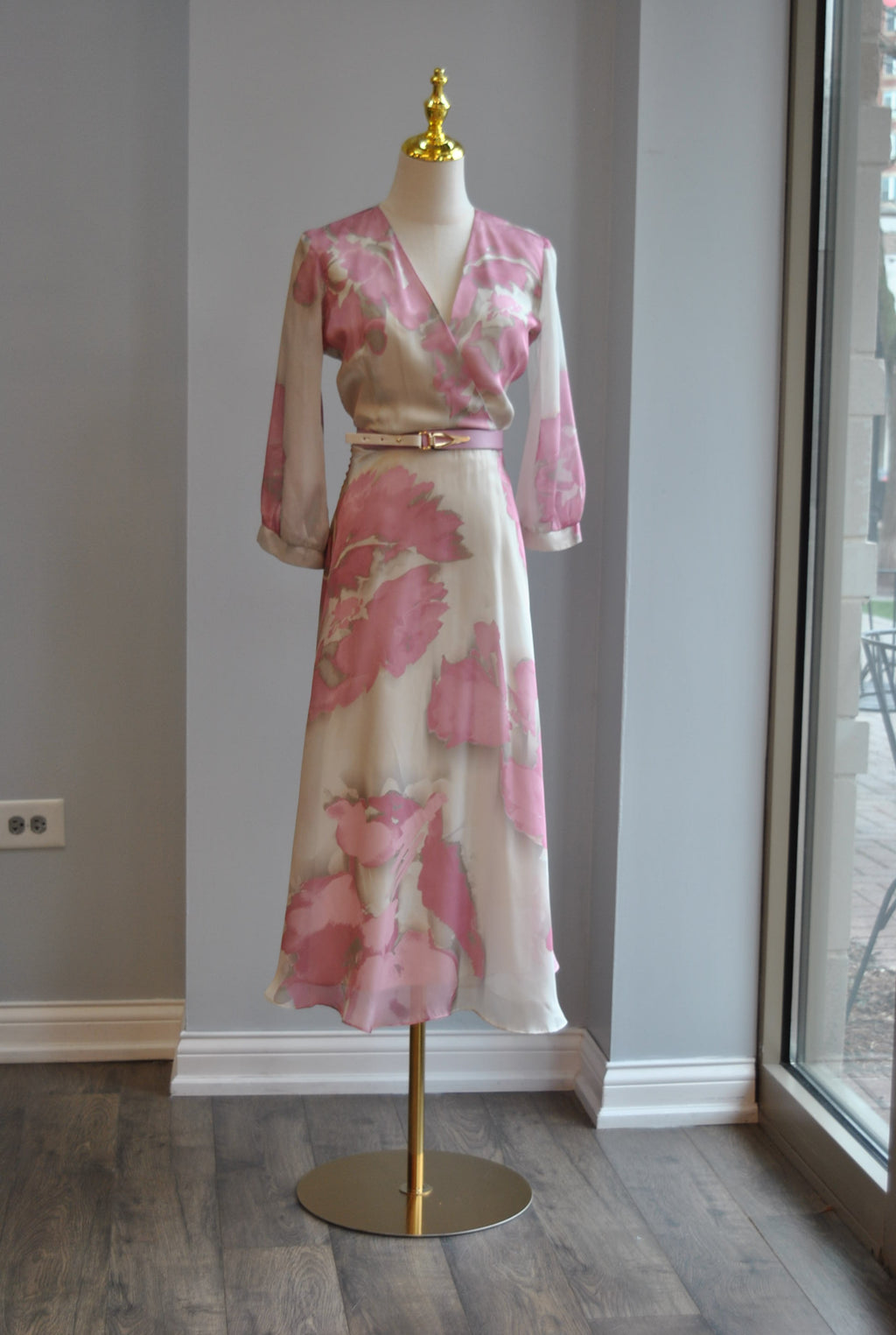 FUCHSIA AND BEIGE MIDI DRESS WITH BELT