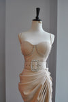 CLEARANCE - CHAMPAGNE ASYMMETRIC PARTY DRESS WITH CRYSTALS