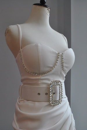 CLEARANCE - WHITE ASYMMETRIC PARTY DRESS WITH CRYSTALS