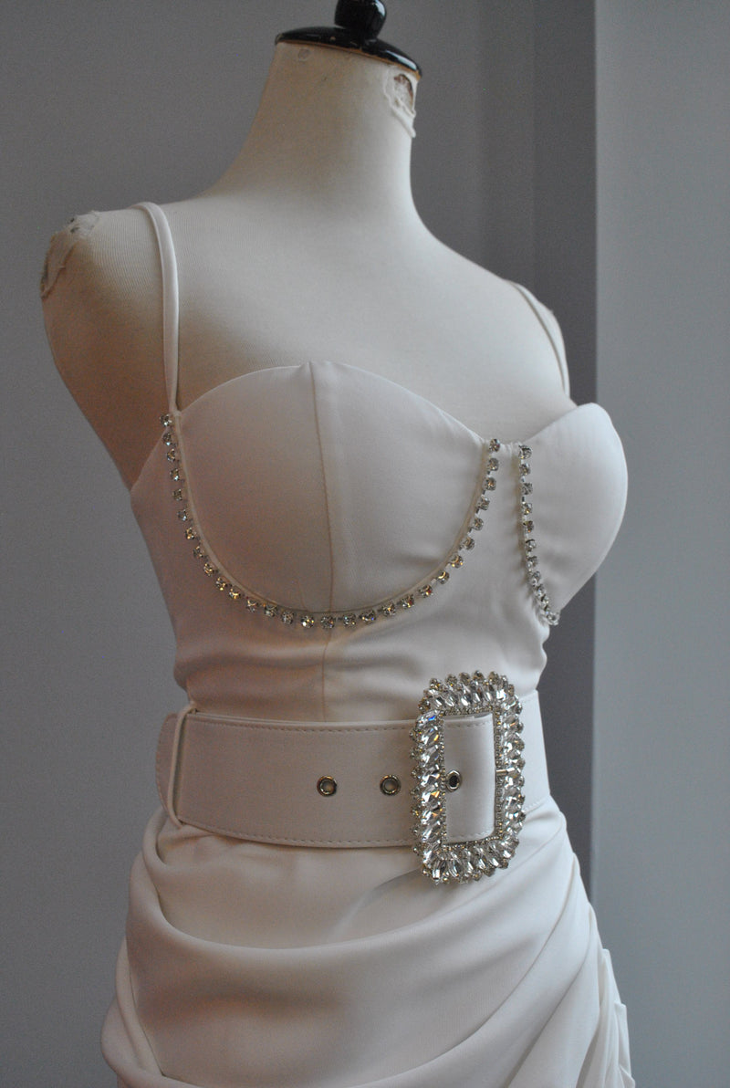 WHITE ASYMMETRIC PARTY DRESS WITH CRYSTALS