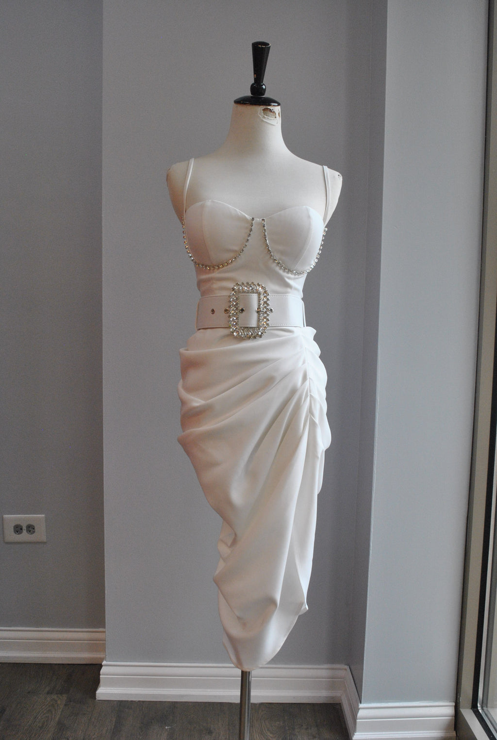 CLEARANCE - WHITE ASYMMETRIC PARTY DRESS WITH CRYSTALS