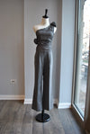GREY SUIT OF FLAIR PANTS AND ASYMMETRIC TOP