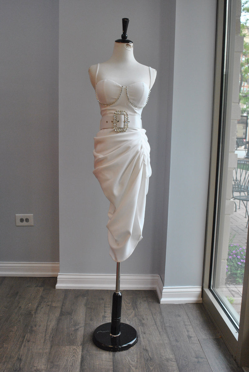 WHITE ASYMMETRIC PARTY DRESS WITH CRYSTALS