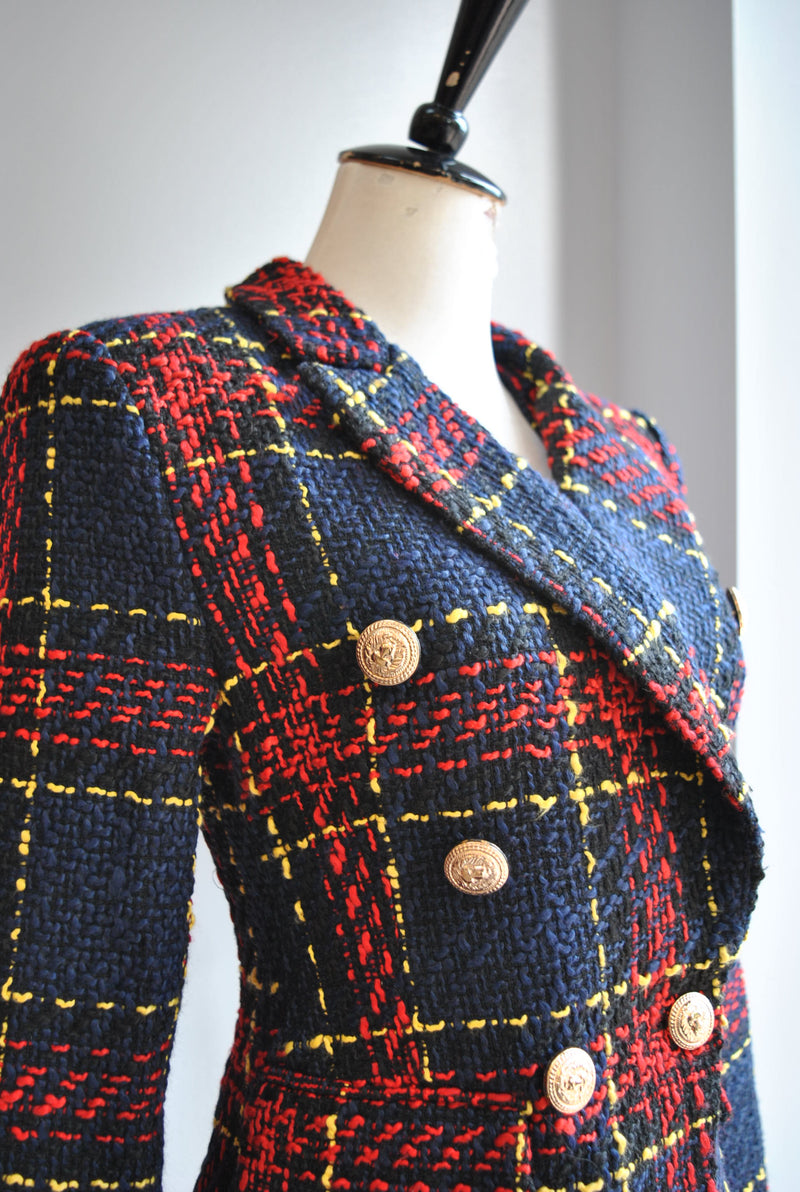NAVY BLUE AND RED TWEED DOUBLE BREASTED BLAZER