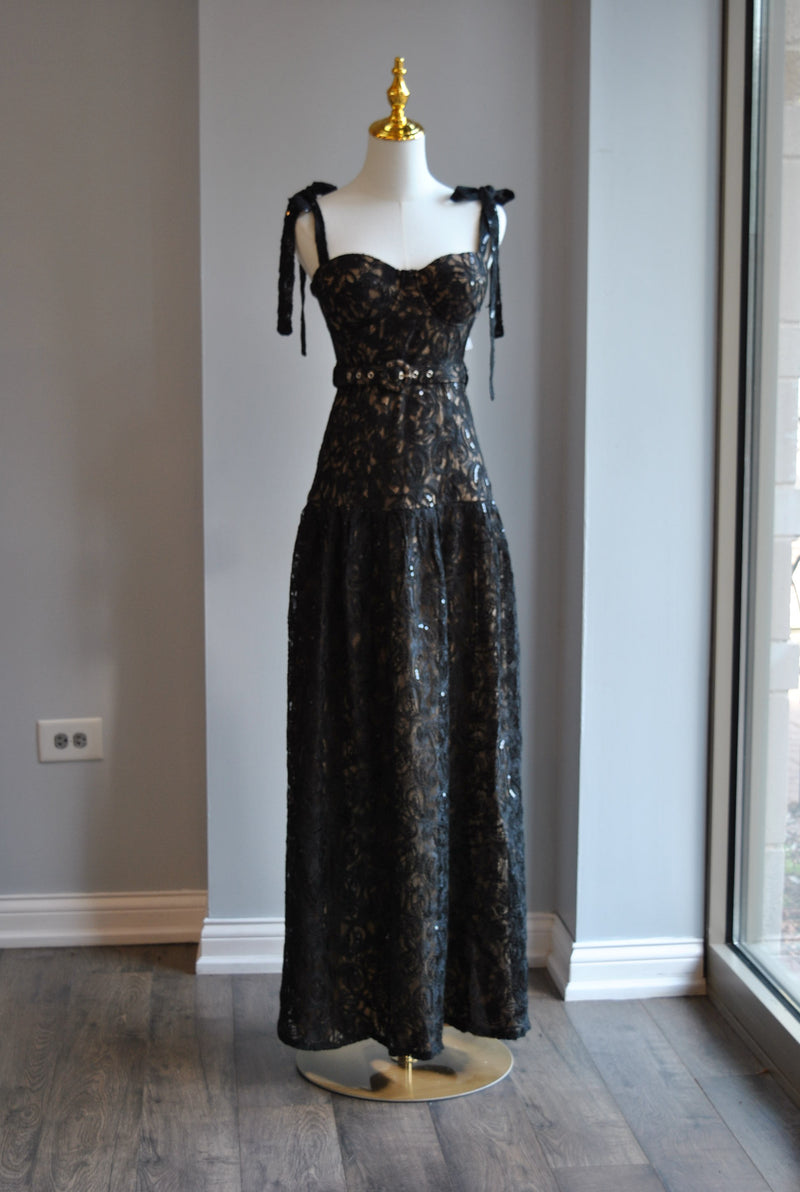 BLACK AND BEIGE LACE WITH SEQUINS MIDI DRESS