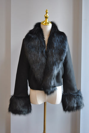 BLACK SUEDE AND FAUX FUR CROPPED JACKET