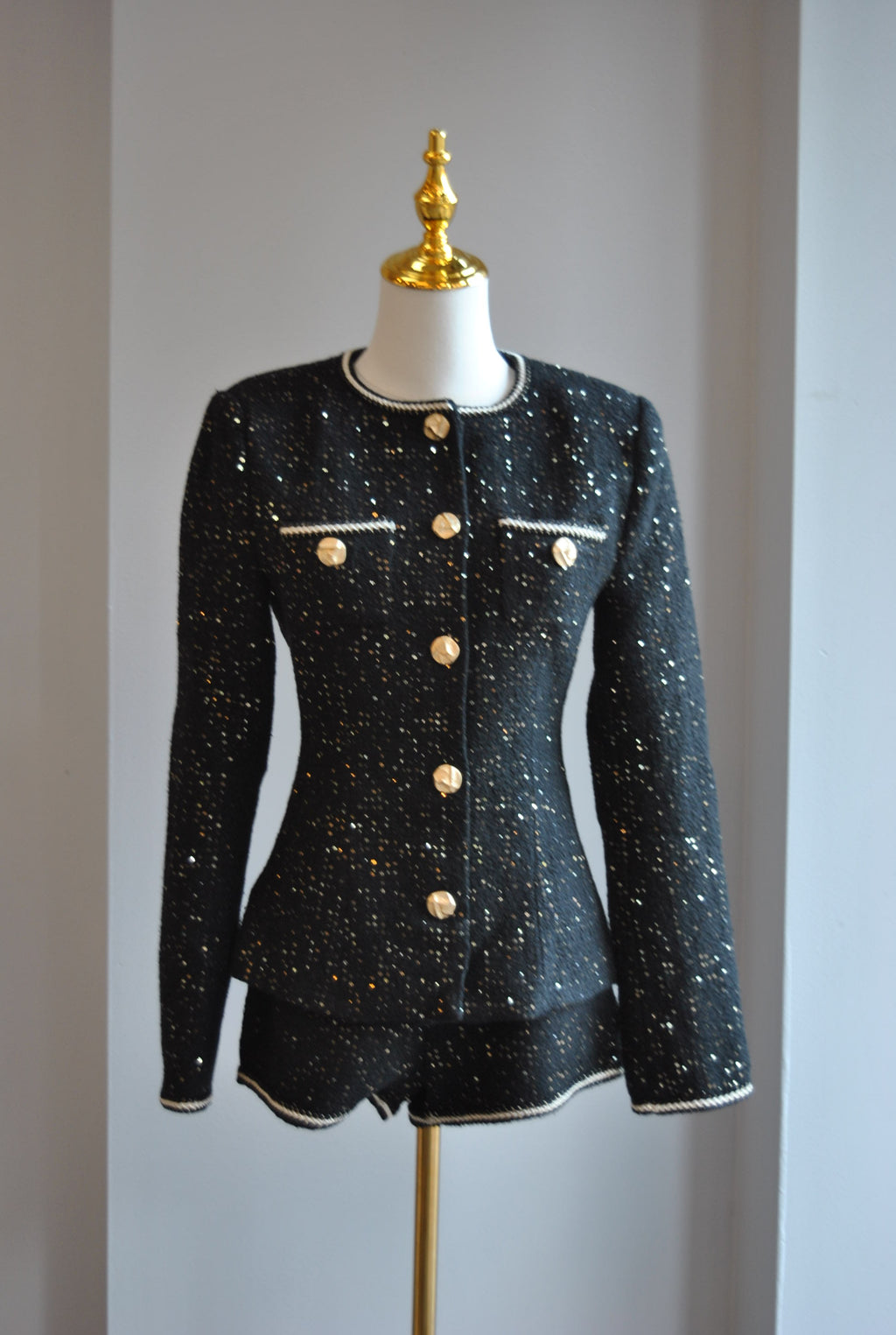 BLACK TWEED AND SEQUINS SET WITH SHORTS
