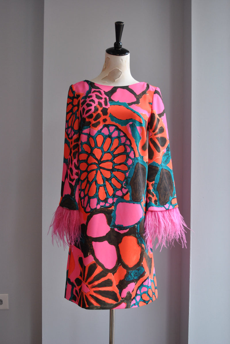 FUCHSIA PINK MULTI TUNIC DRESS WITH FEATHERS