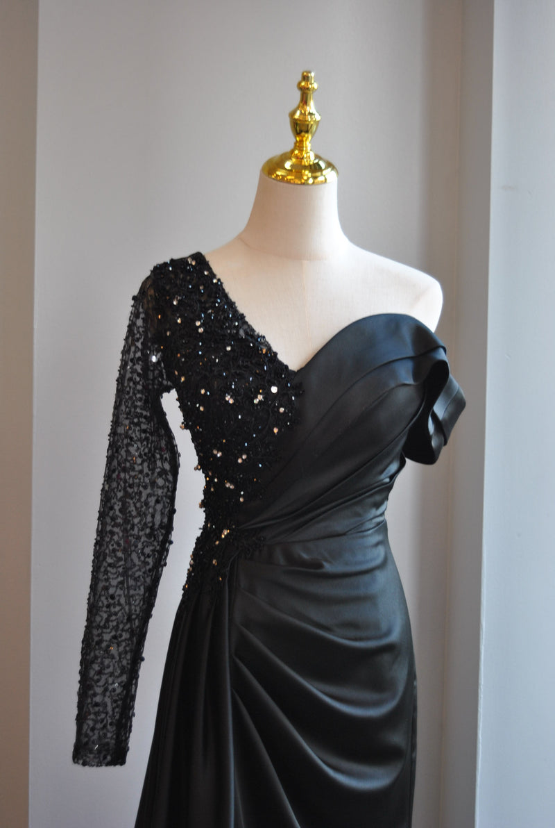 BLACK ASYMMETRIC LONG EVENING DRESS