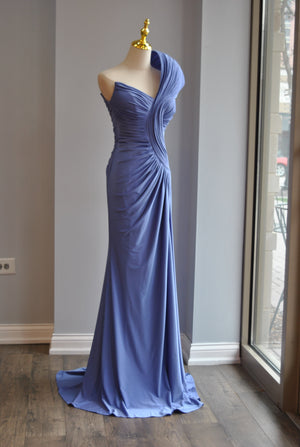 PERIWINKLE LONG ASYMMETRIC EVENING GOWN