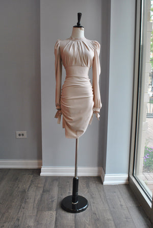 CLEARANCE - BEIGE SUMMER DRESS WITH RUSHING