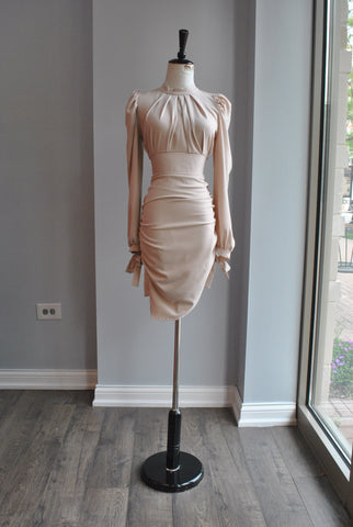 CLEARANCE - BEIGE BANDAGE MINI DRESS WITH FEATHERS