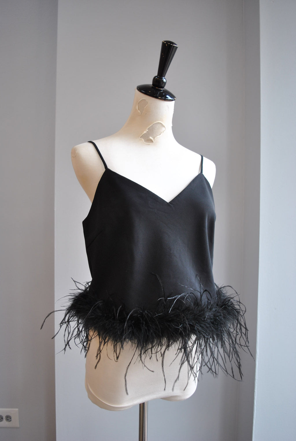 BLACK CAMI WITH FEATHERS