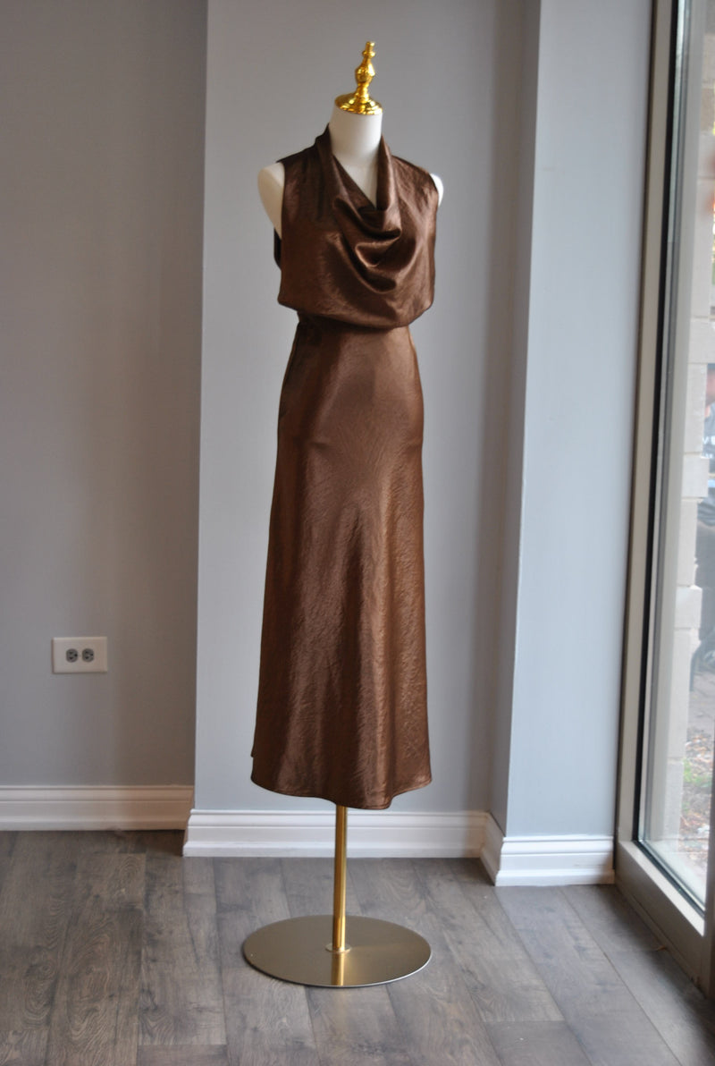 CHOCOLATE BROWN SILKY SET WITH MIDI SKIRT