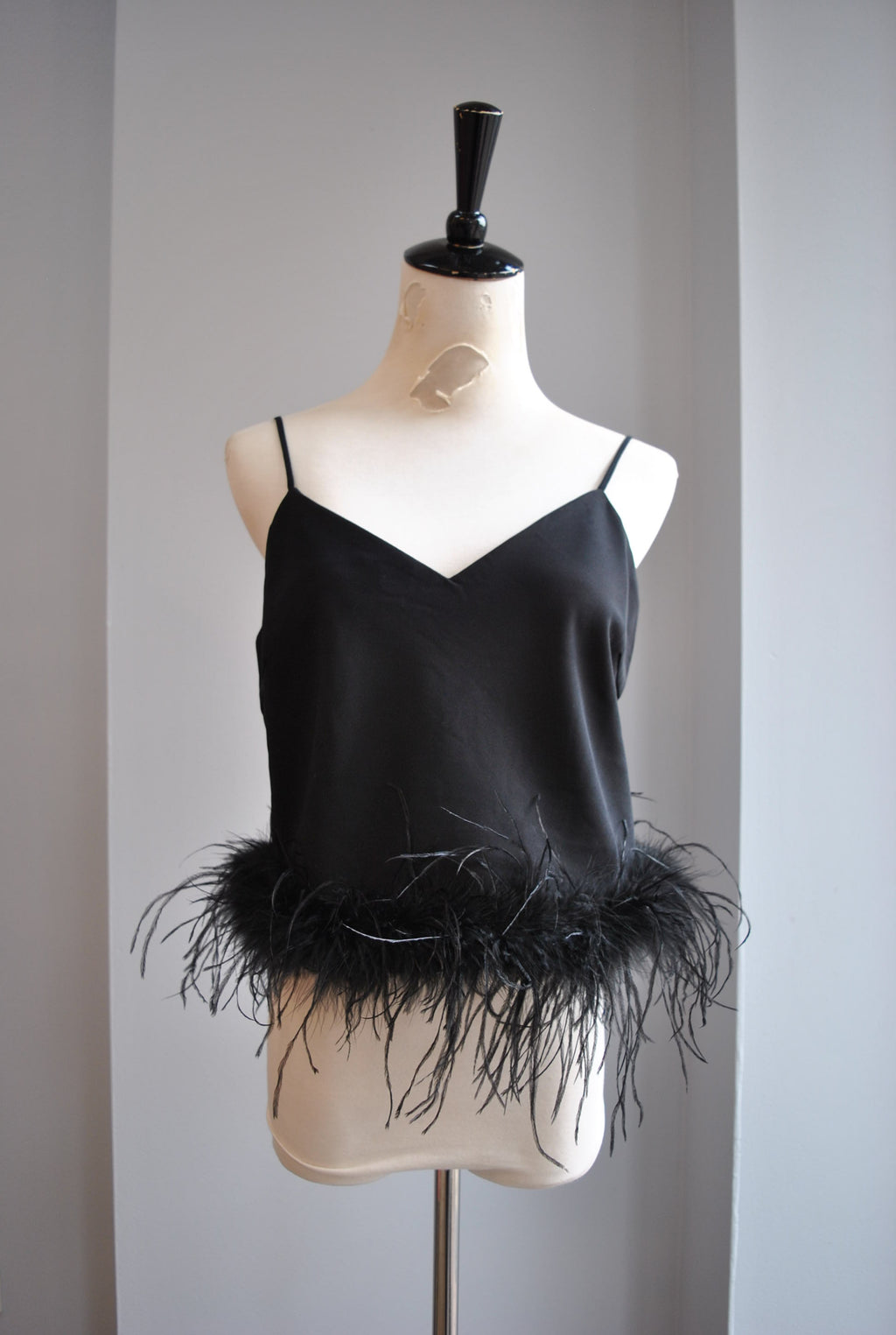 BLACK CAMI WITH FEATHERS