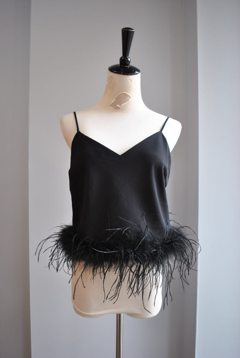 BLACK CAMI WITH FEATHERS