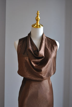CHOCOLATE BROWN SILKY SET WITH MIDI SKIRT