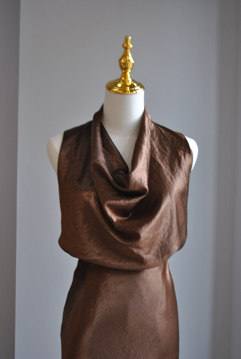 CHOCOLATE BROWN SILKY SET WITH MIDI SKIRT