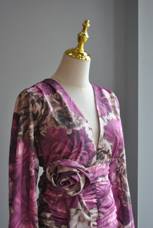 ORCHID FLOWERS MINI SUMMER DRESS WITH RUSHING AND A FLOWER BELT