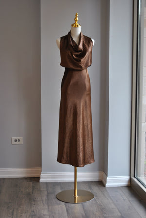 CHOCOLATE BROWN SILKY SET WITH MIDI SKIRT