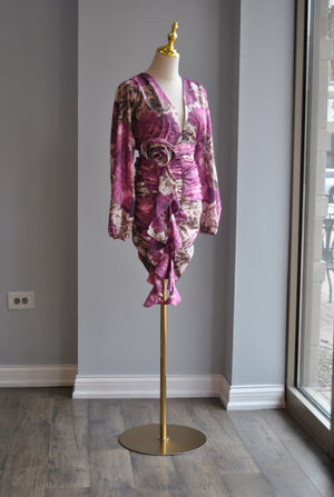 ORCHID FLOWERS MINI SUMMER DRESS WITH RUSHING AND A FLOWER BELT