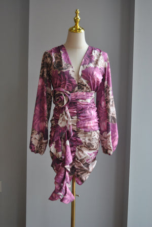 ORCHID FLOWERS MINI SUMMER DRESS WITH RUSHING AND A FLOWER BELT