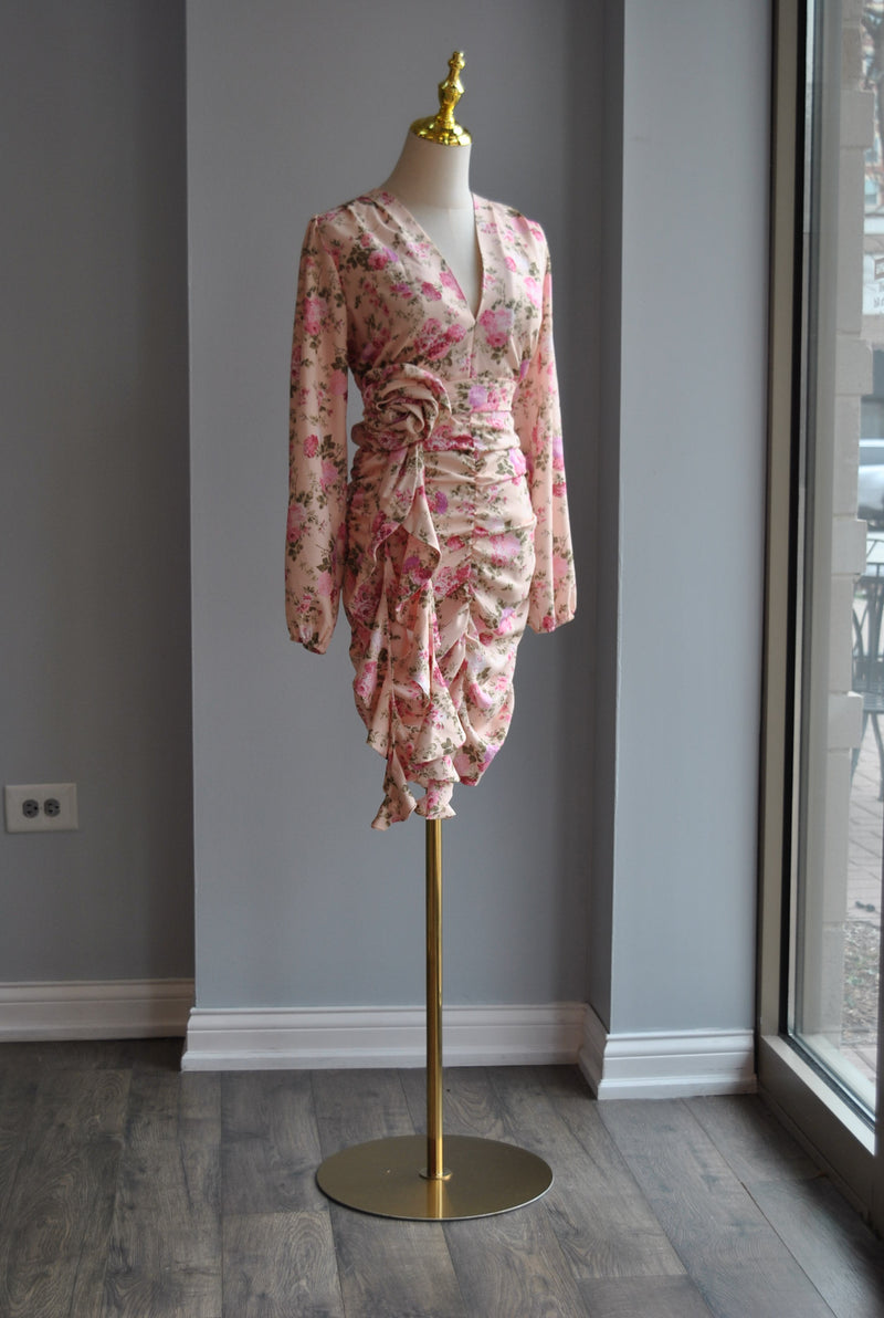 LIGHT PINK FLOWERS SUMMER DRESS WITH A FLOWER BELT