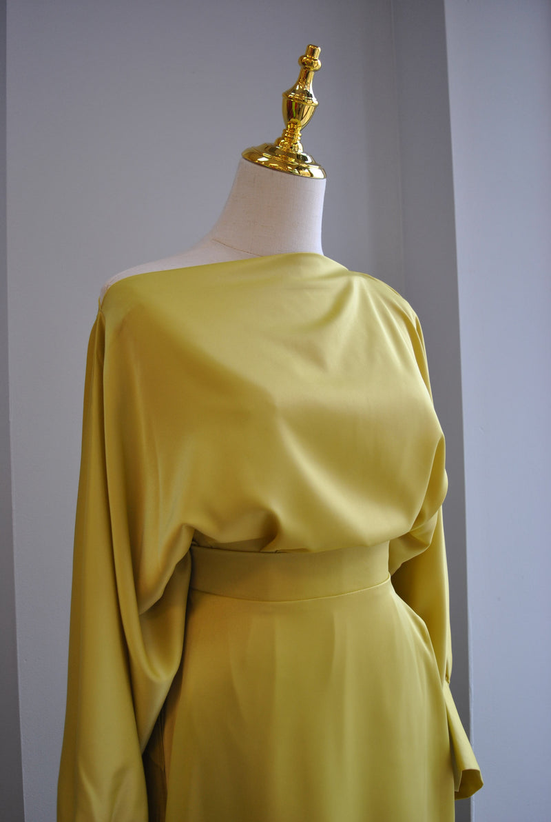 MUSTARD SILKY SET OF ASYMMETRIC SKIRT AND A TOP