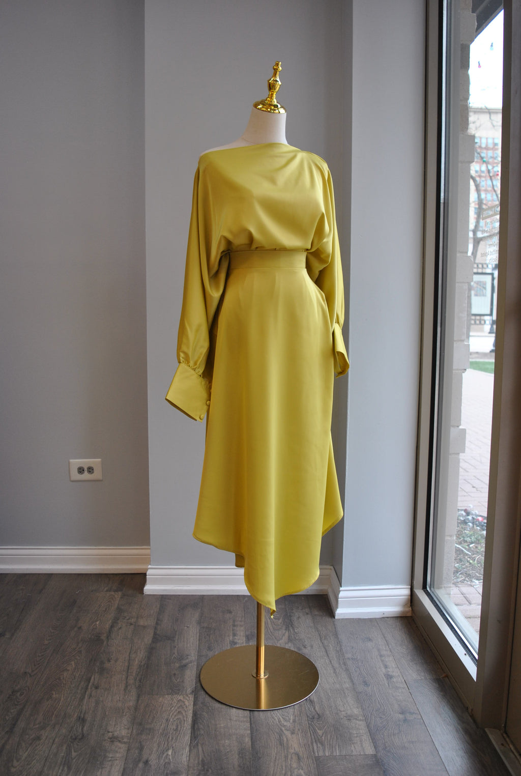 MUSTARD SILKY SET OF ASYMMETRIC SKIRT AND A TOP