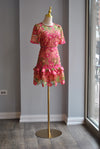 FUCHSIA AND GREEN LACE MINI DRESS