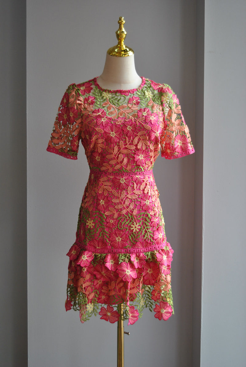 FUCHSIA AND GREEN LACE MINI DRESS