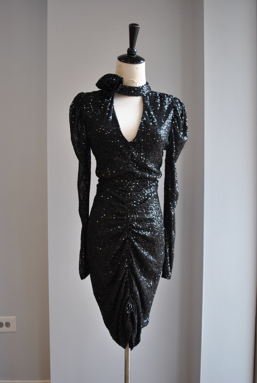 CLEARANCE - BLACK SEQUIN DRESS WITH A FLOWER