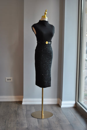 BLACK TWEED PENCIL SKIRT WITH A BELT