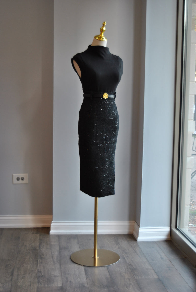 BLACK TWEED PENCIL SKIRT WITH A BELT