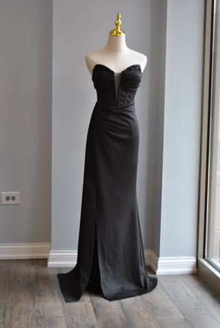 CLEARANCE - NAVY BLUE SILKY LONG DRESS WITH OPEN BACK AND SIDE SLIT