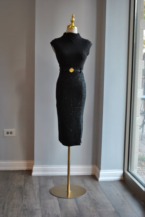 BLACK TWEED PENCIL SKIRT WITH A BELT