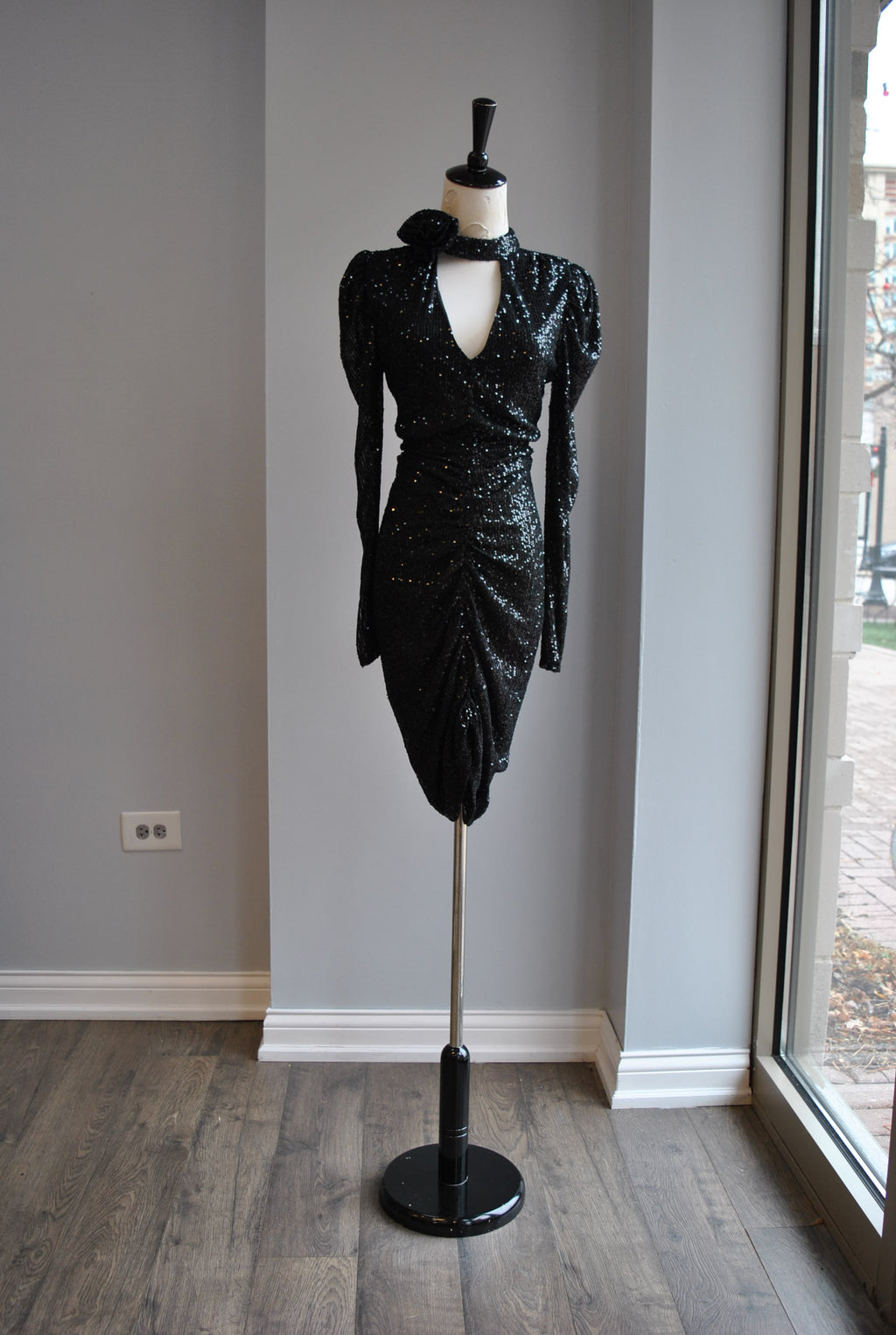 CLEARANCE - BLACK SEQUIN DRESS WITH A FLOWER