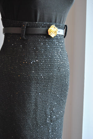 BLACK TWEED PENCIL SKIRT WITH A BELT