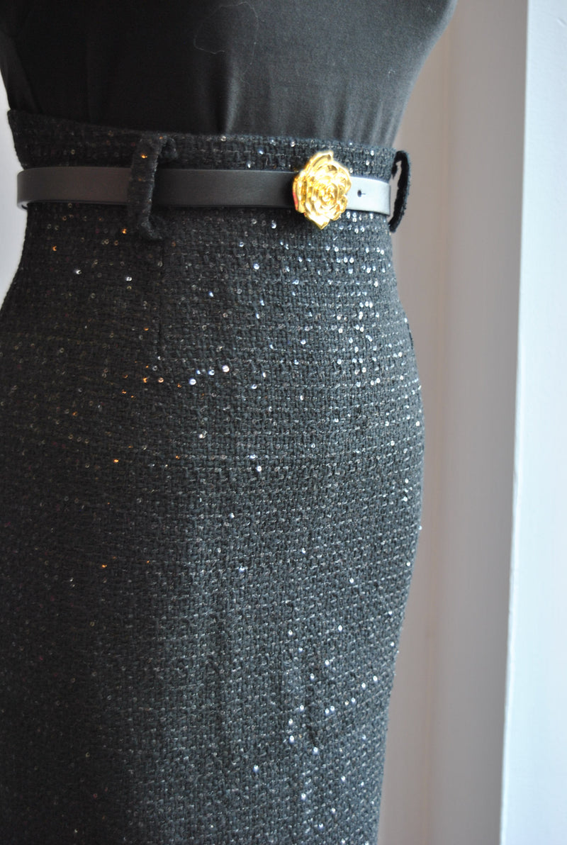 BLACK TWEED PENCIL SKIRT WITH A BELT