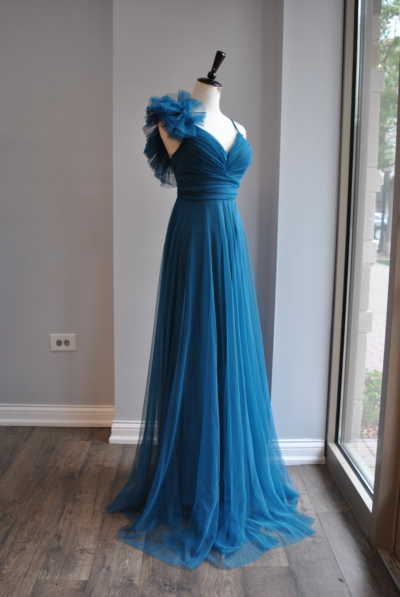 TEAL SHEER LONG EVENING GOWN WITH SIDE BOW