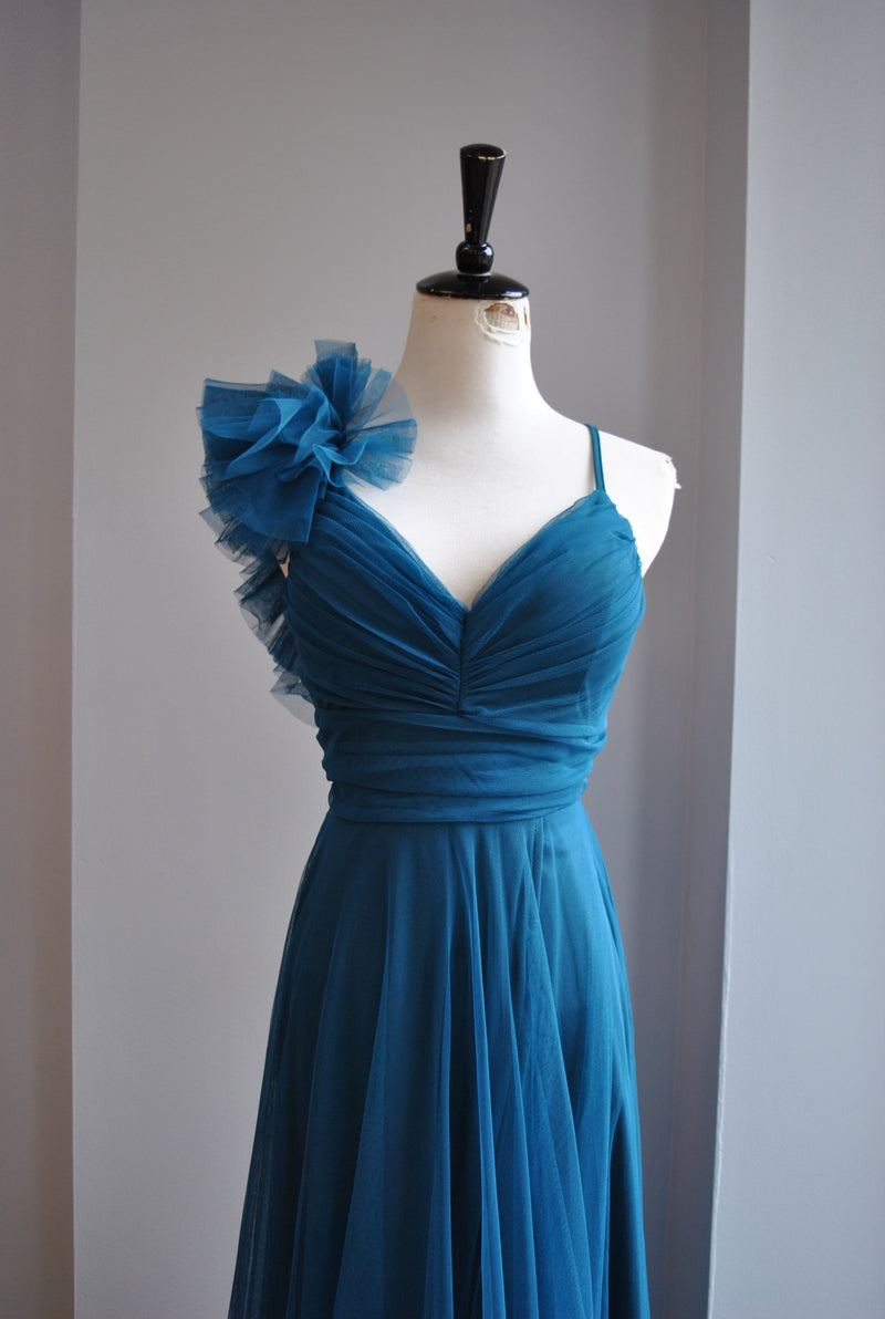 TEAL SHEER LONG EVENING GOWN WITH SIDE BOW