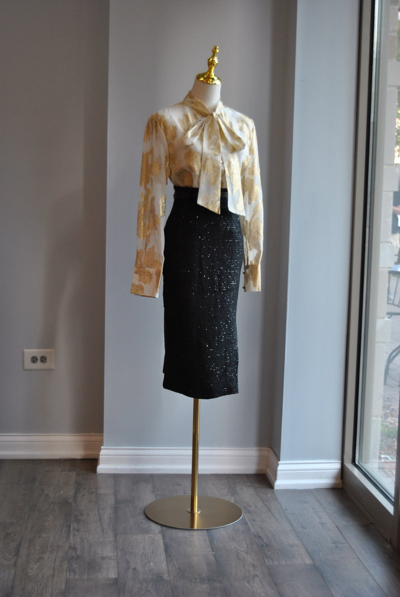 BLACK TWEED PENCIL SKIRT WITH A BELT
