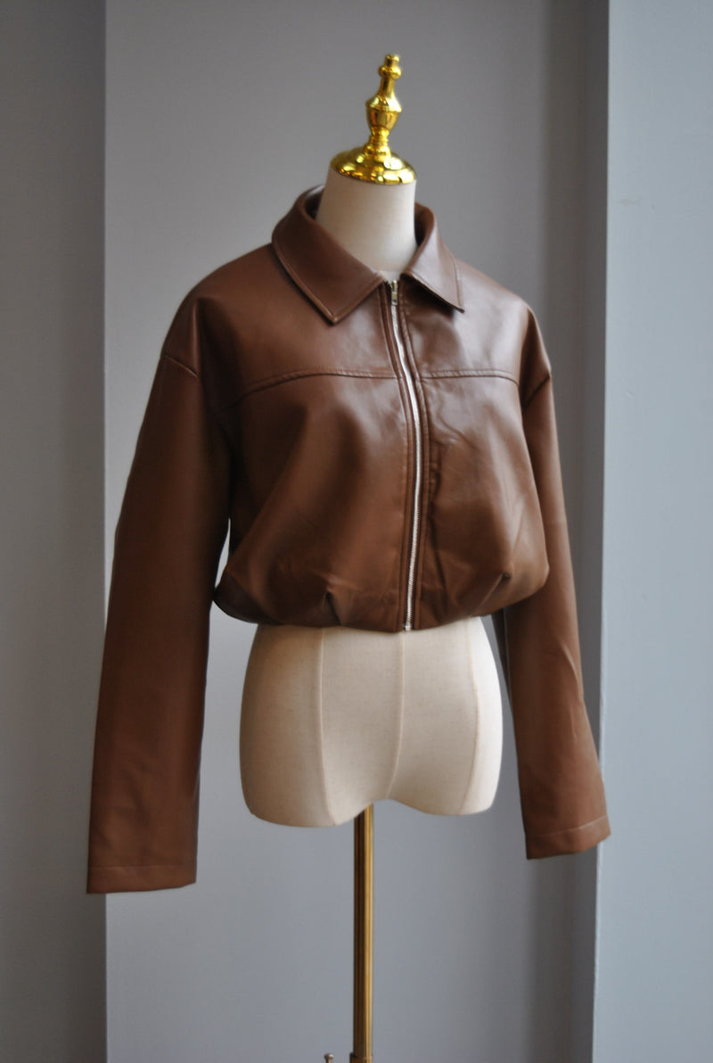 BROWN FAUX LEATHER CROPPED JACKET